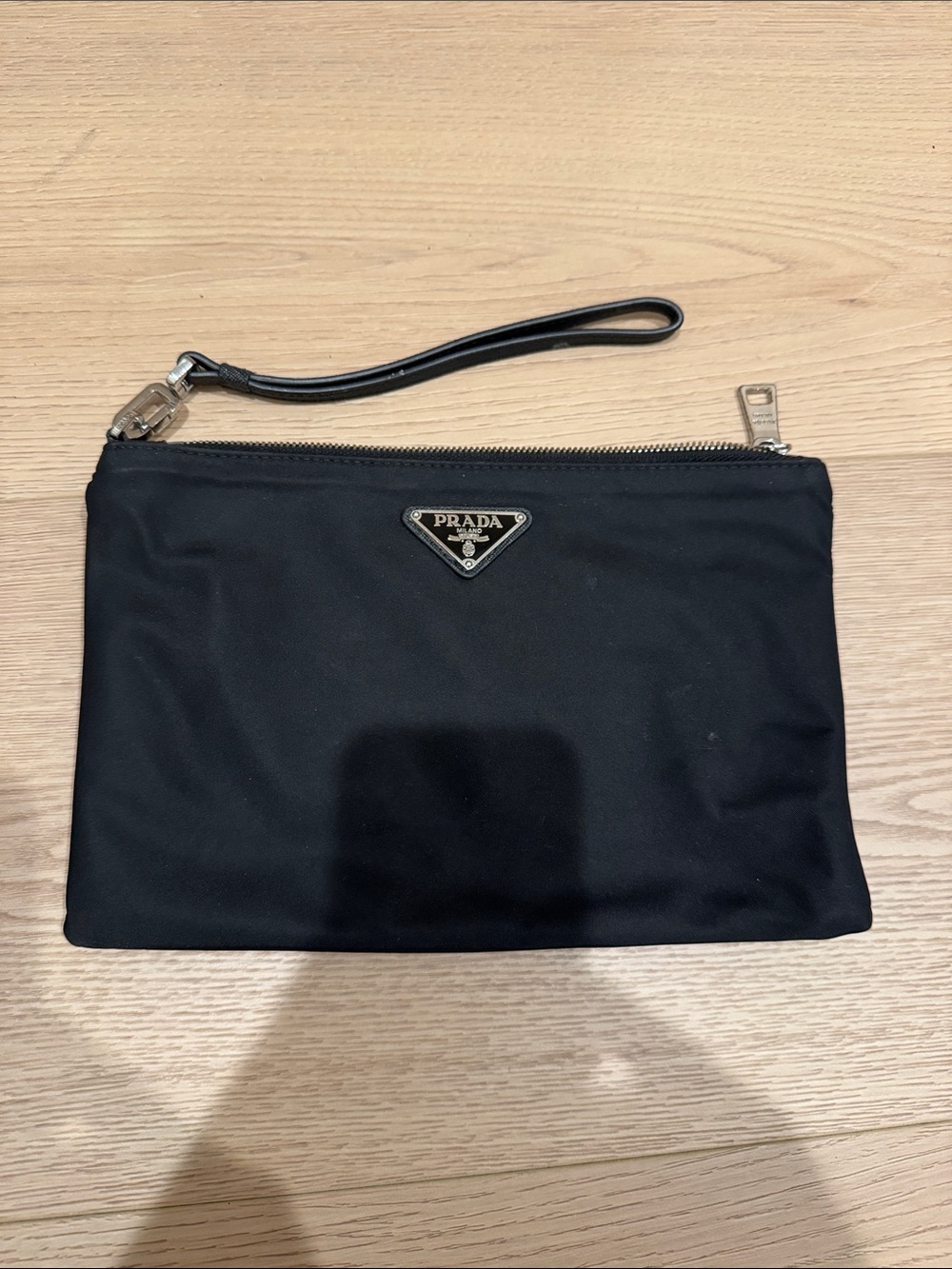 Black Nylon Wristlet Pouch with Leather Strap